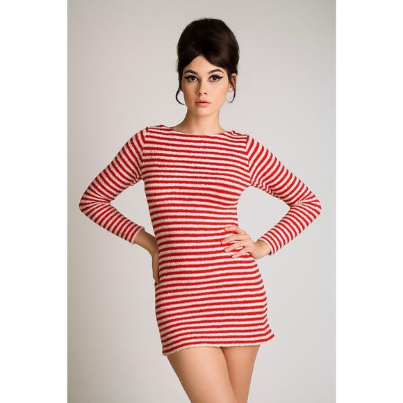 Vintage Red White Striped Ribbed Long Sleeve Mini Dress Stretch Candy Cane Mod - Picture 1 of 4